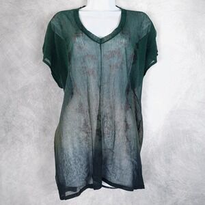 Artofcloth Tunic Top Womens XS Green Sheer Mesh V Neck Oversized Relaxed Layer